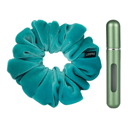 Sea Green Velvet Scrunchie and Sage Green Mini Perfume Refillable Spray Bottle Gift Set