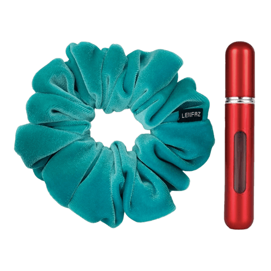 Sea Green Velvet Scrunchie and So Red Mini Perfume Refillable Spray Bottle Gift Set