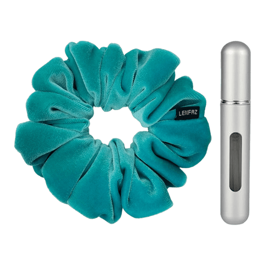 Sea Green Velvet Scrunchie and Steel Silver Mini Perfume Refillable Spray Bottle Gift Set