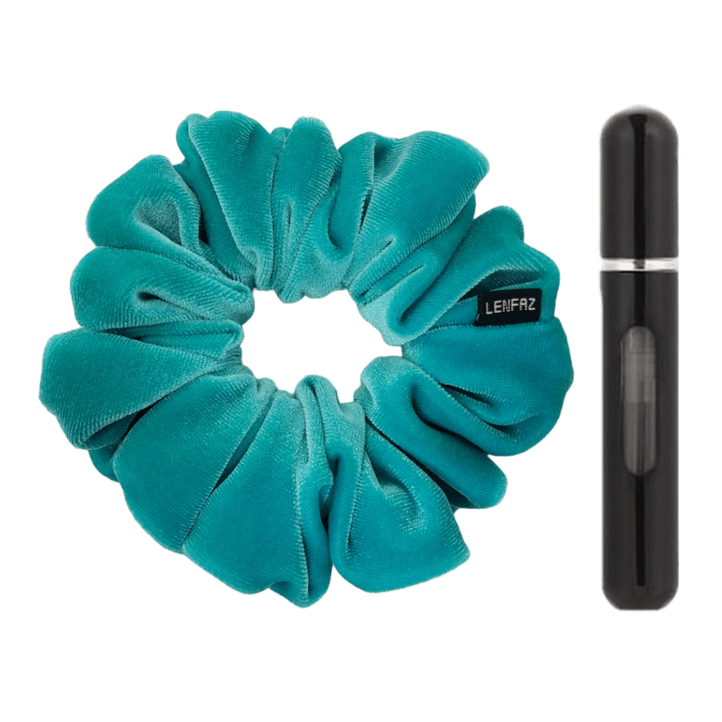 Sea Green Velvet Scrunchie and Ultra Black Mini Perfume Refillable Spray Bottle Gift Set