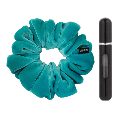 Sea Green Velvet Scrunchie and Ultra Black Mini Perfume Refillable Spray Bottle Gift Set