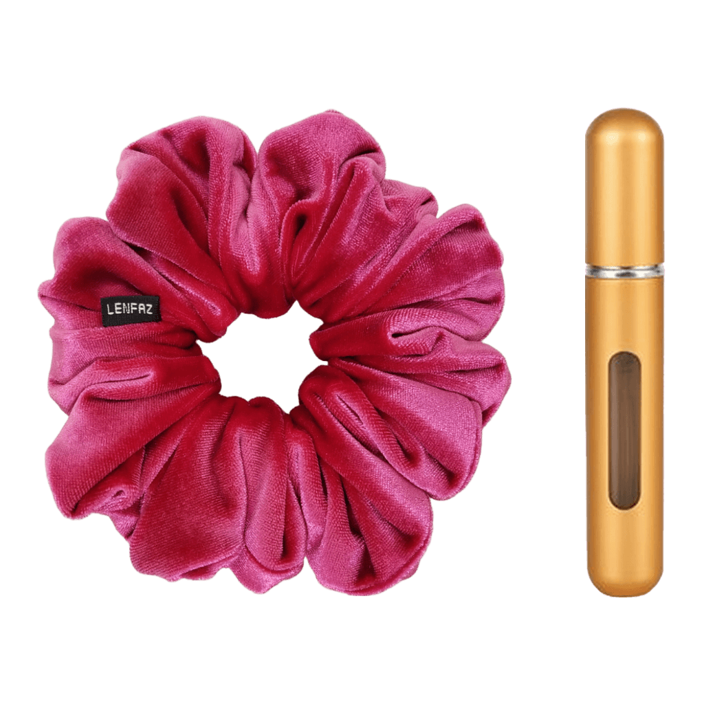 Very Berry Velvet Scrunchie and Champagne Gold Mini Perfume Refillable Spray Bottle Gift Set