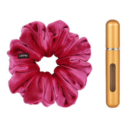 Very Berry Velvet Scrunchie and Champagne Gold Mini Perfume Refillable Spray Bottle Gift Set