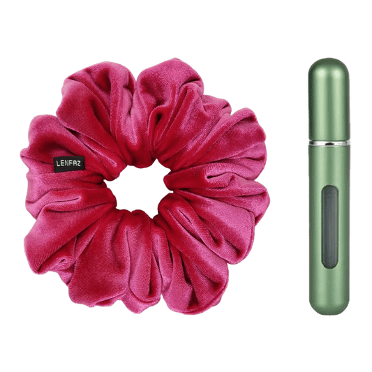 Very Berry Velvet Scrunchie and Sage Green Mini Perfume Refillable Spray Bottle Gift Set