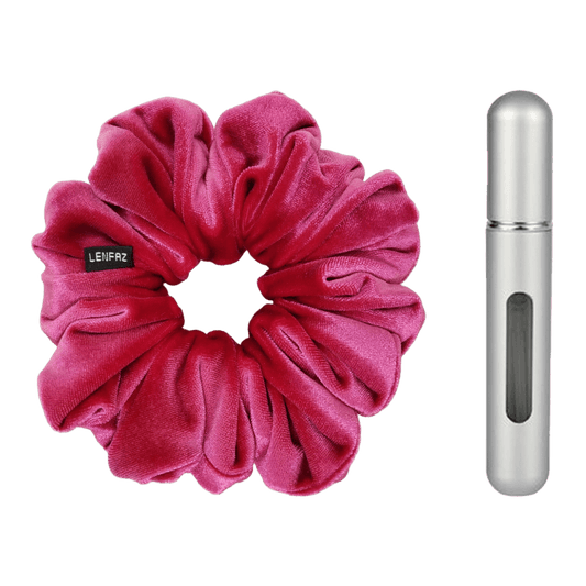 Very Berry Velvet Scrunchie and Steel Silver Mini Perfume Refillable Spray Bottle Gift Set