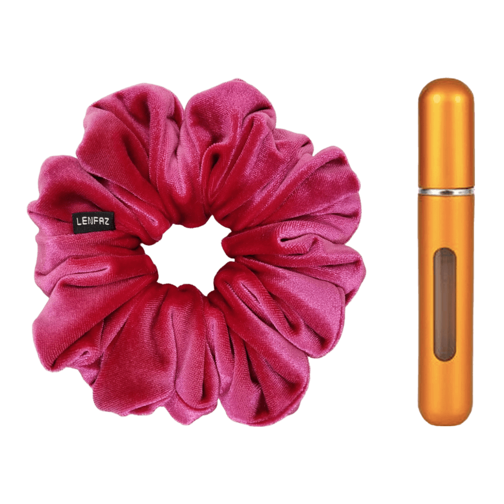 Very Berry Velvet Scrunchie and Sunset Yellow Mini Perfume Refillable Spray Bottle Gift Set