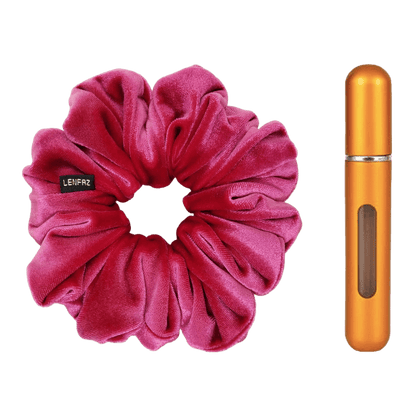 Very Berry Velvet Scrunchie and Sunset Yellow Mini Perfume Refillable Spray Bottle Gift Set