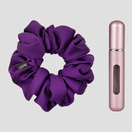 Plum Purple Matte Silk Scrunchie - Light Pink Mini Perfume Spray Btl.