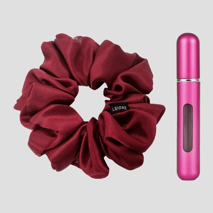 Scarlet Red Satin Silk Scrunchie - Berry Pink Mini Perfume Spray Btl.