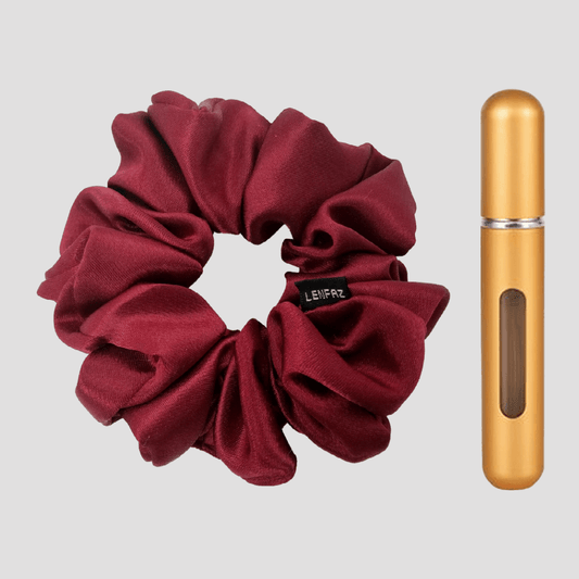 Scarlet Red Satin Silk Scrunchie - Champagne Gold Mini Perfume Spray Btl.