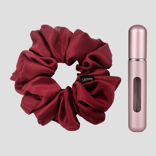 Scarlet Red Satin Silk Scrunchie - Light Pink Mini Perfume Spray Btl.