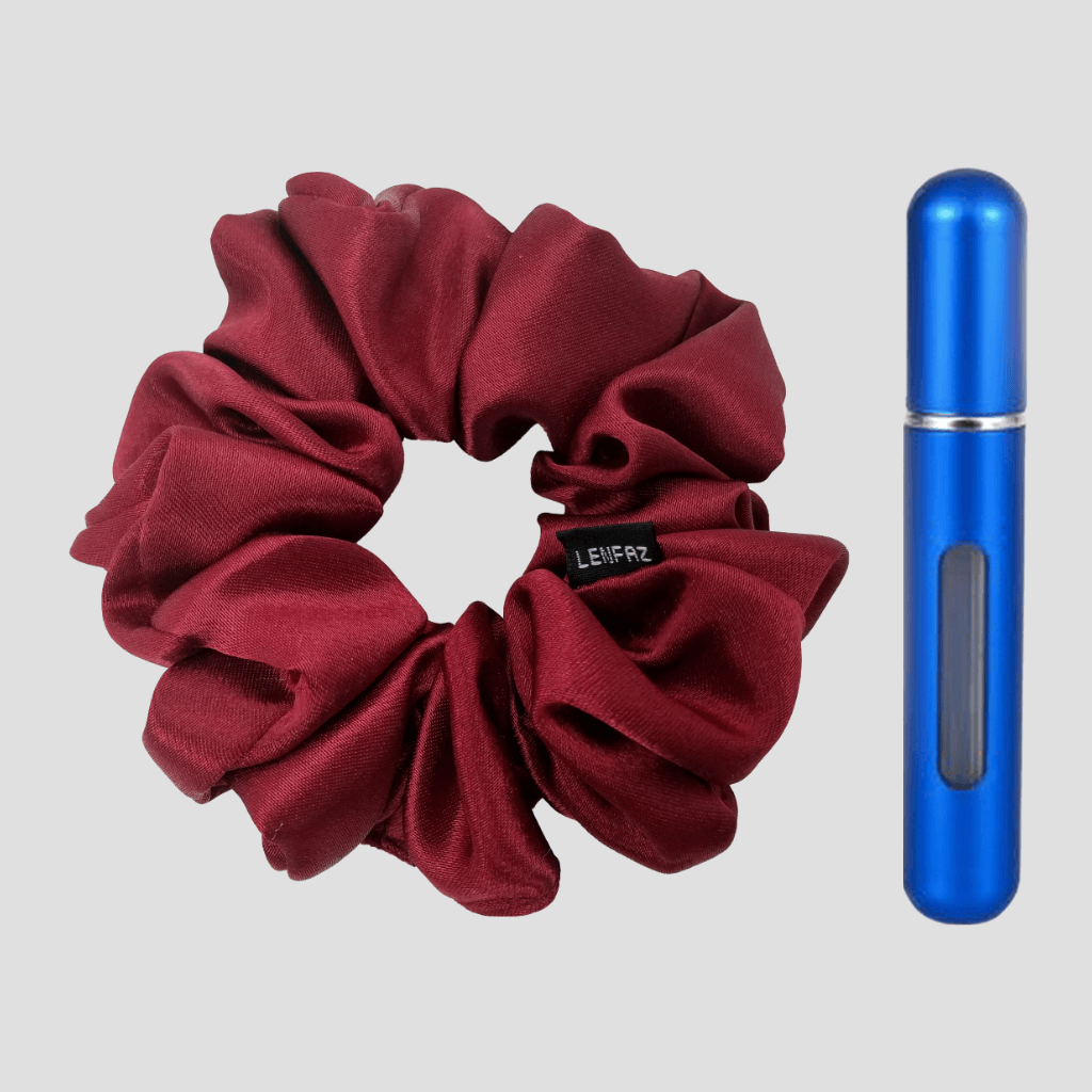 Scarlet Red Satin Silk Scrunchie - Royal Blue Mini Perfume Spray Btl.