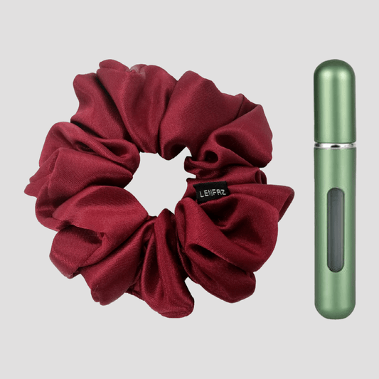 Scarlet Red Satin Silk Scrunchie - Sage Green Mini Perfume Spray Btl.