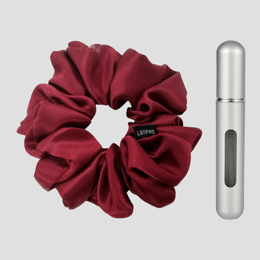 Scarlet Red Satin Silk Scrunchie - Steel Silver Mini Perfume Spray Btl.