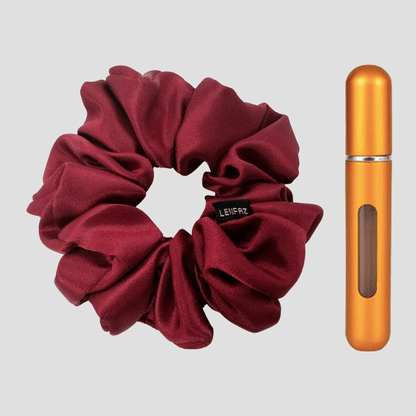 Scarlet Red Satin Silk Scrunchie - Sunset Yellow Mini Perfume Spray Btl.