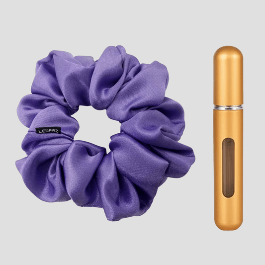 Calming Lilac Satin Silk Scrunchie - Champagne Gold Mini Perfume Spray Btl.