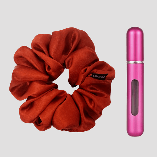 Crimson Red Satin Silk Scrunchie - Berry Pink Mini Perfume Spray Btl.