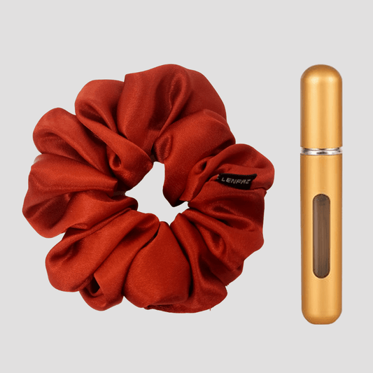 Crimson Red Satin Silk Scrunchie - Champagne Gold Mini Perfume Spray Btl.