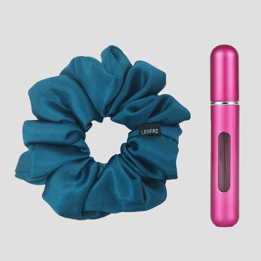 Deep Turquoise Satin Silk Scrunchie - Berry Pink Mini Perfume Spray Btl.