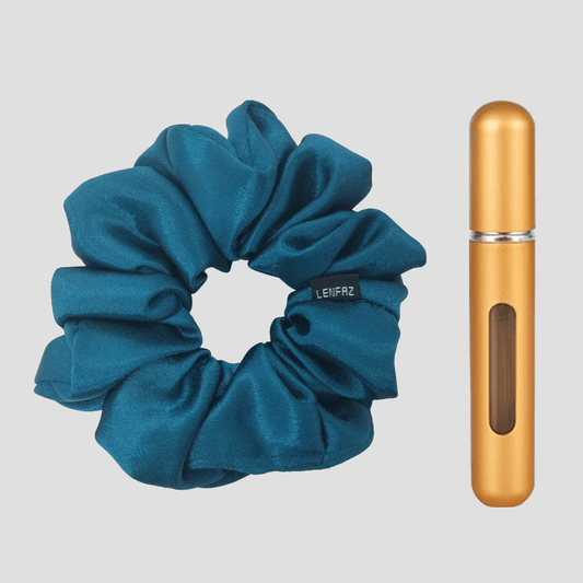 Deep Turquoise Satin Silk Scrunchie - Champagne Gold Mini Perfume Spray Btl.