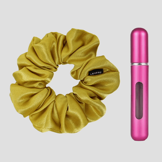 Luxury Gold Satin Silk Scrunchie - Berry Pink Mini Perfume Spray Btl.