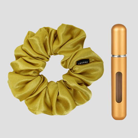 Luxury Gold Satin Silk Scrunchie - Champagne Gold Mini Perfume Spray Btl.