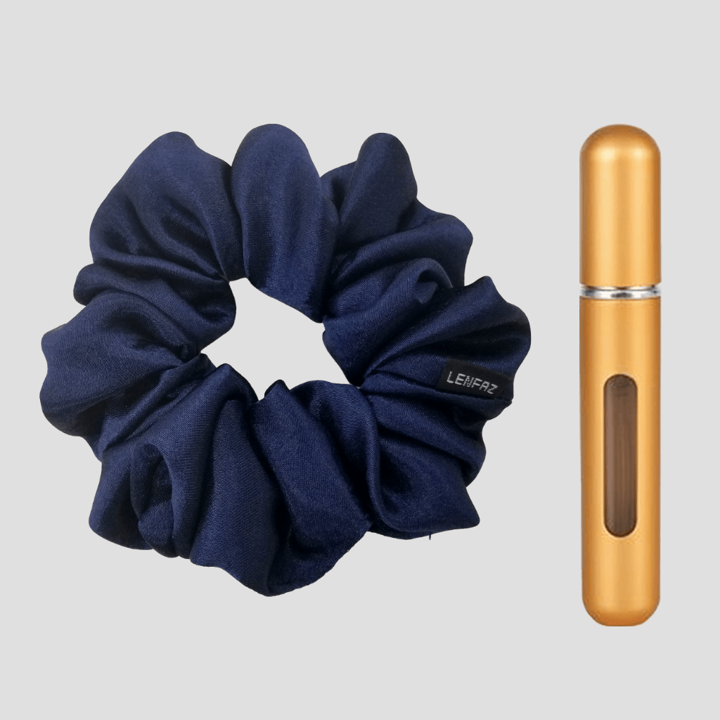 Midnight Blue Satin Silk Scrunchie - Champagne Gold Mini Perfume Spray Btl.