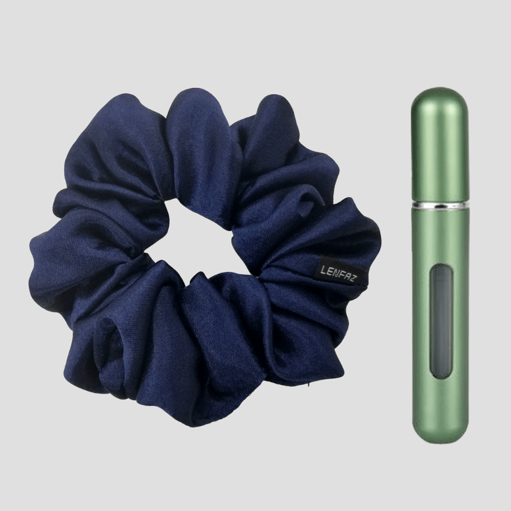 Midnight Blue Satin Silk Scrunchie - Sage Green Mini Perfume Spray Btl.