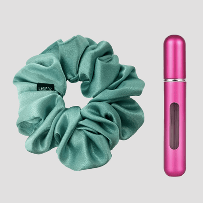 Seafoam Blue Satin Silk Scrunchie - Berry Pink Mini Perfume Spray Btl.