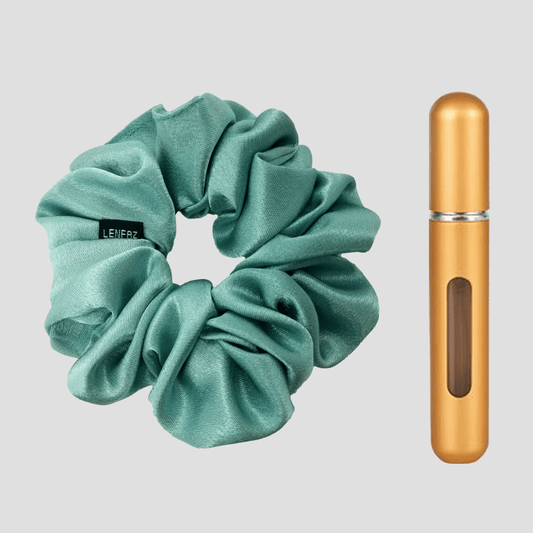 Seafoam Blue Satin Silk Scrunchie - Champagne Gold Mini Perfume Spray Btl.