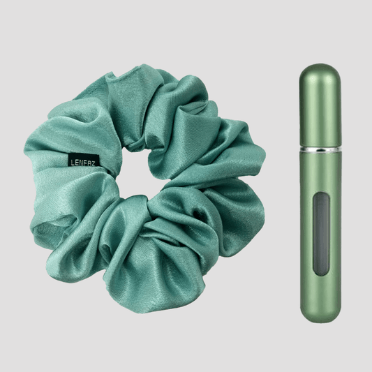 Seafoam Blue Satin Silk Scrunchie - Sage Green Mini Perfume Spray Btl.