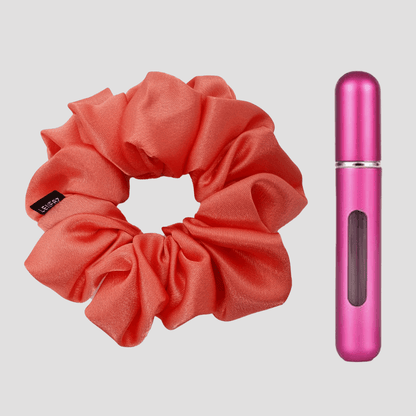 True Coral Satin Silk Scrunchie - Berry Pink Mini Perfume Spray Btl.