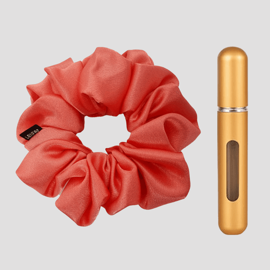 True Coral Satin Silk Scrunchie - Champagne Gold Mini Perfume Spray Btl.