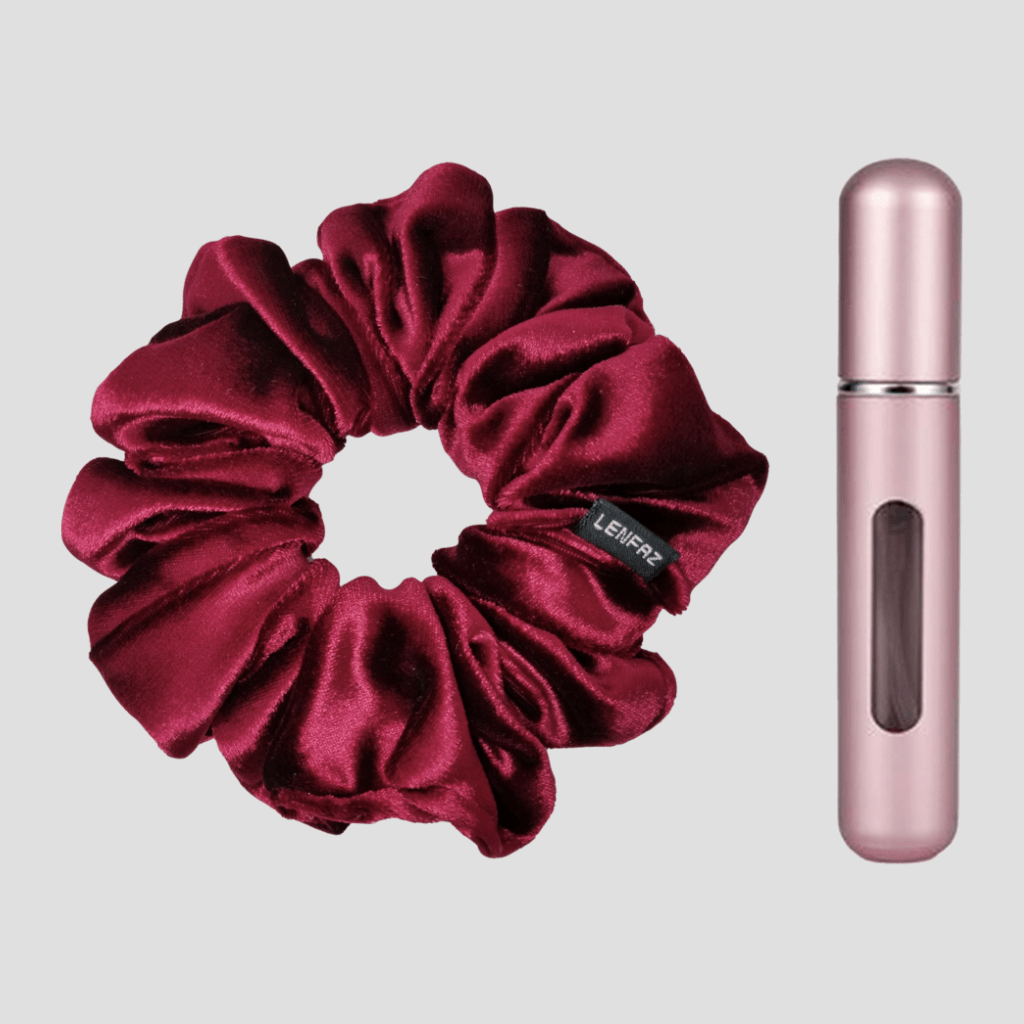 Intense Burgundy Velvet Scrunchie and Light Pink Mini Perfume Refillable Spray Bottle Gift Set