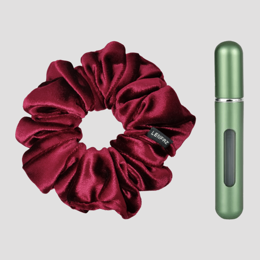 Intense Burgundy Velvet Scrunchie and Sage Green Mini Perfume Refillable Spray Bottle Gift Set