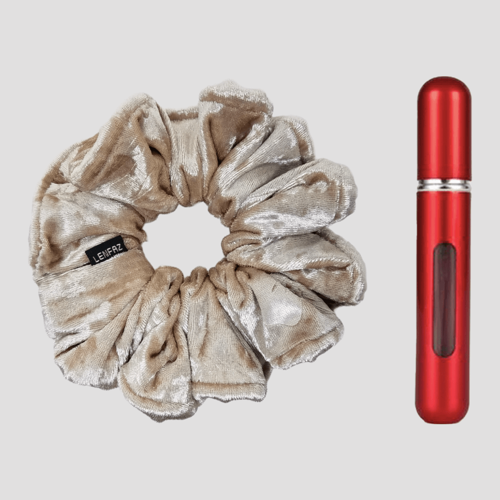 French Vanilla Velvet Scrunchie and So Red Mini Perfume Refillable Spray Bottle Gift Set