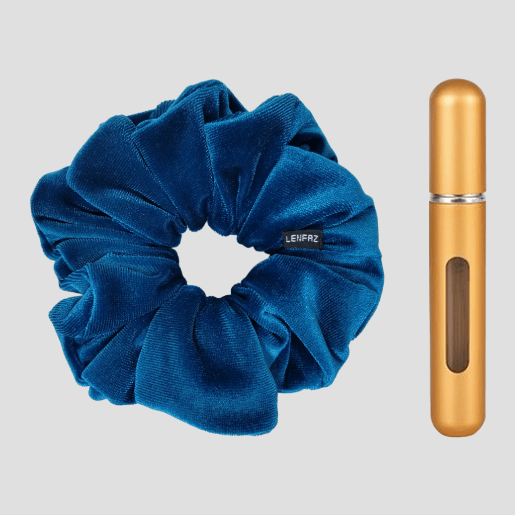 Peacock Blue Velvet Scrunchie and Champagne Gold Mini Perfume Refillable Spray Bottle Gift Set