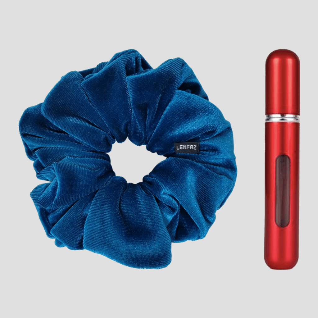 Peacock Blue Velvet Scrunchie and So Red Mini Perfume Refillable Spray Bottle Gift Set