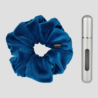 Peacock Blue Velvet Scrunchie and Steel Silver Mini Perfume Refillable Spray Bottle Gift Set