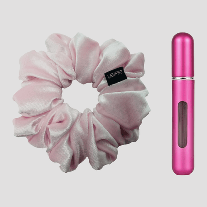 Petal Pink Velvet Scrunchie and Berry Pink Mini Perfume Refillable Spray Bottle Gift Set