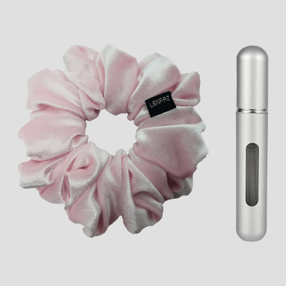 Petal Pink Velvet Scrunchie and Steel Silver Mini Perfume Refillable Spray Bottle Gift Set