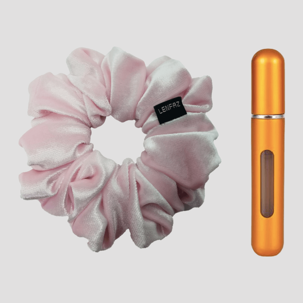 Petal Pink Velvet Scrunchie and Sunset Yellow Mini Perfume Refillable Spray Bottle Gift Set