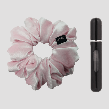 Petal Pink Velvet Scrunchie and Ultra Black Mini Perfume Refillable Spray Bottle Gift Set