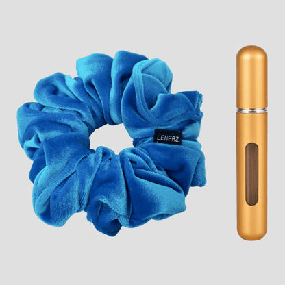 Sky Blue Velvet Scrunchie - Champagne Gold Mini Perfume Spray Bottle