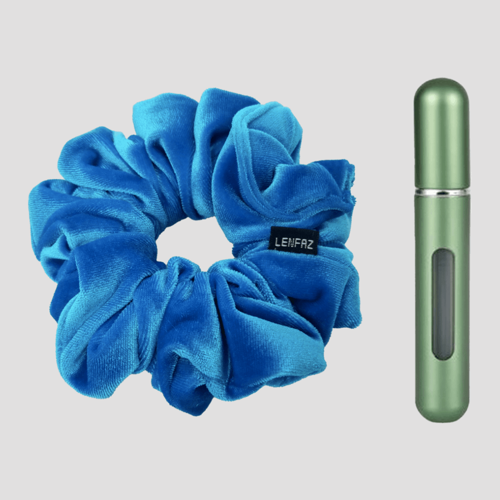 Sky Blue Velvet Scrunchie and Sage Green Mini Perfume Refillable Spray Bottle Gift Set