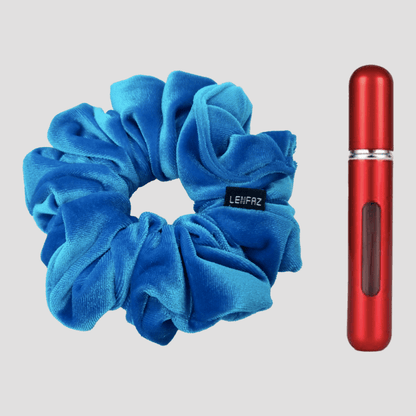 Sky Blue Velvet Scrunchie and So Red Mini Perfume Refillable Spray Bottle Gift Set