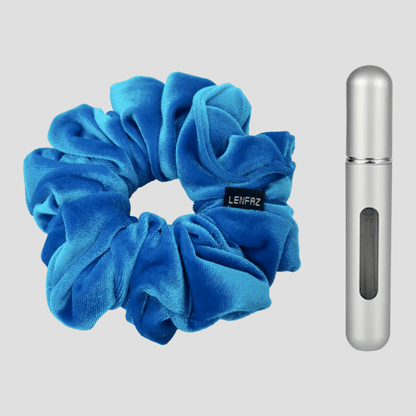 Sky Blue Velvet Scrunchie and Steel Silver Mini Perfume Refillable Spray Bottle Gift Set