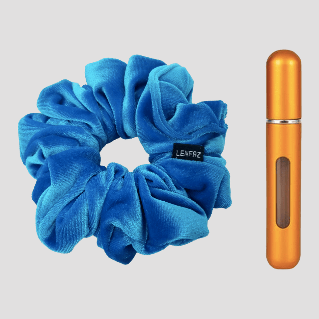 Sky Blue Velvet Scrunchie and Sunset Yellow Mini Perfume Refillable Spray Bottle Gift Set