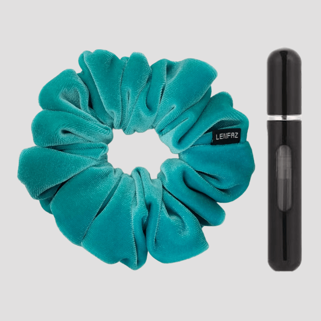 Sea Green Velvet Scrunchie and Ultra Black Mini Perfume Refillable Spray Bottle Gift Set