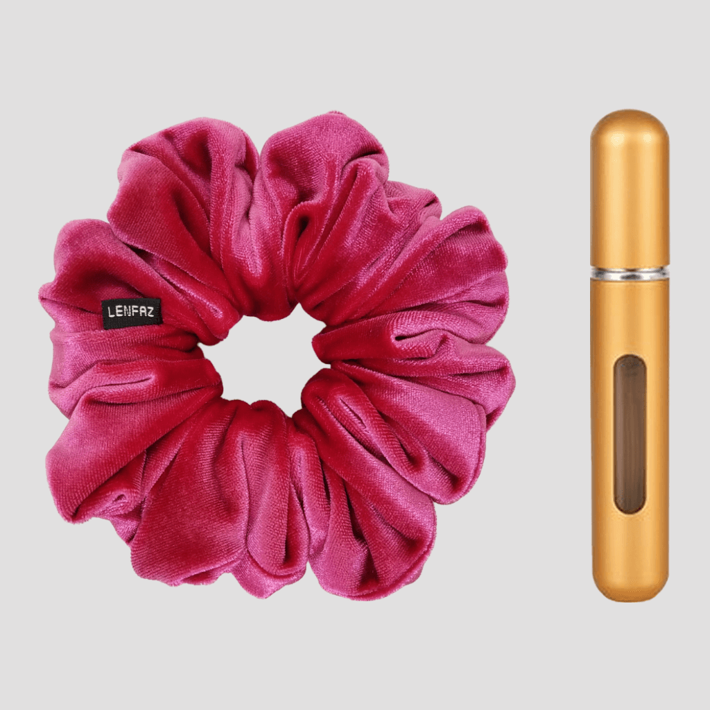 Very Berry Velvet Scrunchie and Champagne Gold Mini Perfume Refillable Spray Bottle Gift Set